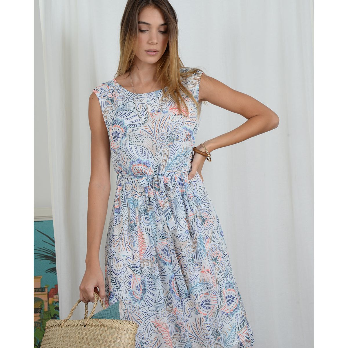 Cinch Waist Spring Patterned Dress