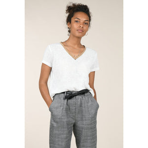 Soft Knit Embellished V-Neck Shirt- White
