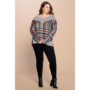 Cranberry and Teal Hacci Knit Sweater- Curvy